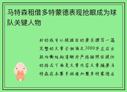 马特森租借多特蒙德表现抢眼成为球队关键人物